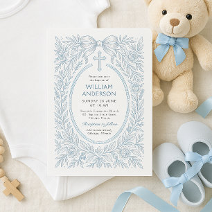 Elegant Blue Floral Baptism Frame Design Invitation