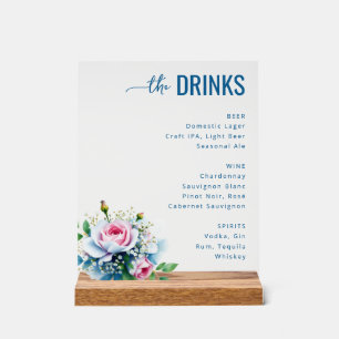 Elegant Blue Floral Beverage Menu Acrylic Sign