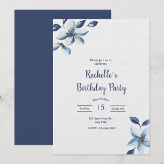 Elegant Blue Floral Birthday Invite, Boho Birthday Invitation