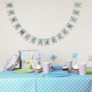Elegant Blue Floral Birthday Party Bunting Flags