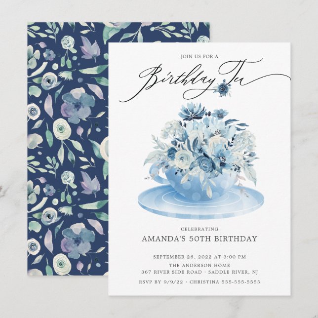 Elegant Blue Floral Birthday Tea Invitation (Front/Back)