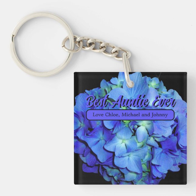 Elegant blue floral blue roses blue hydrangeas  keychain (Front)