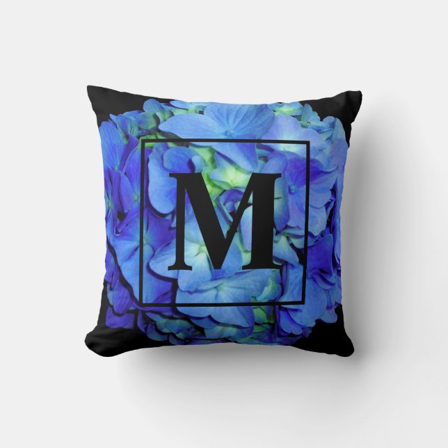 Elegant blue floral blue roses blue hydrangeas  throw pillow (Front)