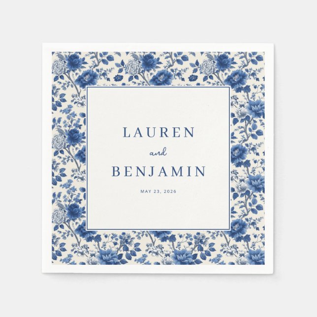 Elegant Blue Floral Border Napkin (Front)
