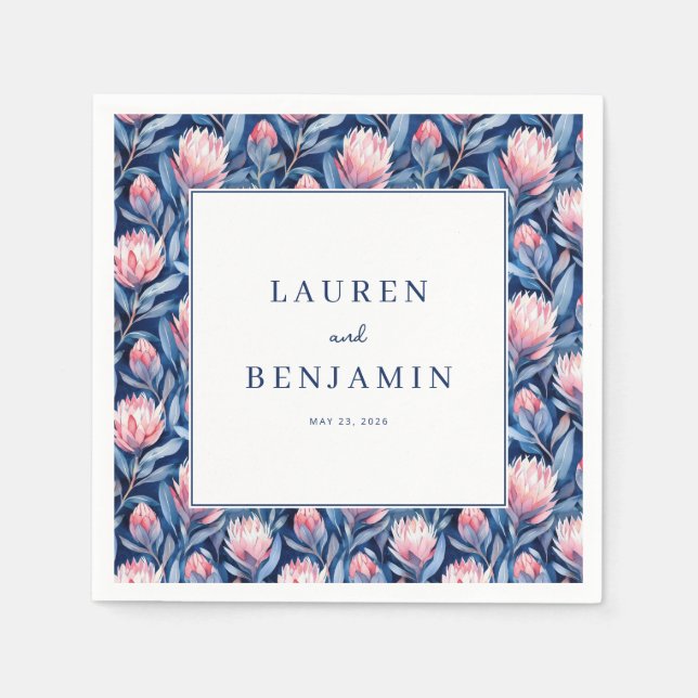 Elegant Blue Floral Border Napkin (Front)