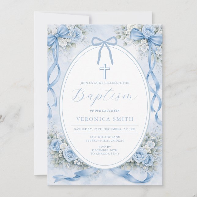 Elegant Blue Floral Bow Baptism Invitation (Front)