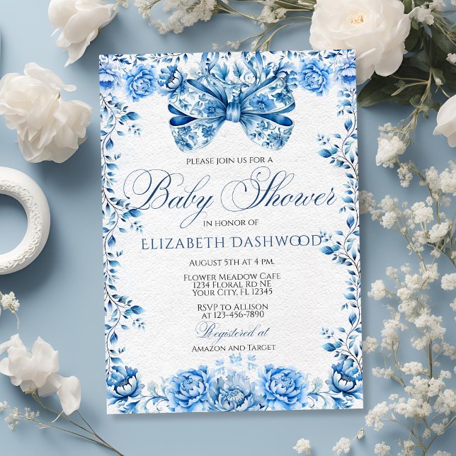 Elegant Blue Floral Bow Chic Toile Baby Shower Invitation (Creator Uploaded)