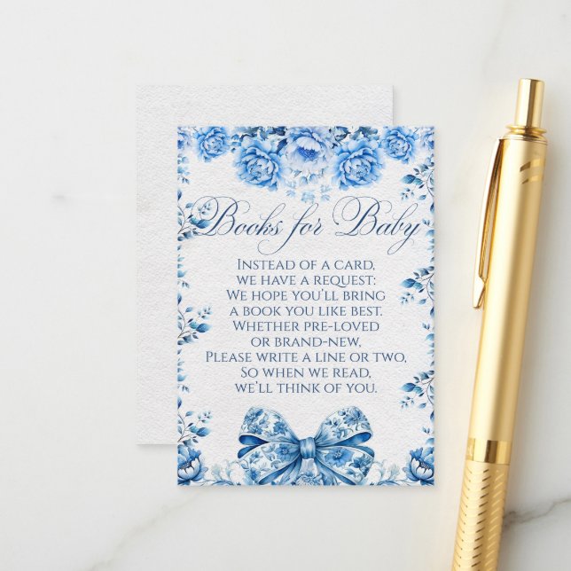 Elegant Blue Floral Bow Chic Toile Books for Baby Enclosure Card (Front/Back In Situ)