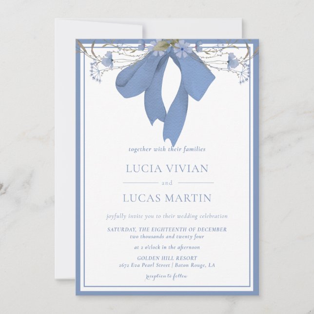 Elegant Blue Floral Bow Wedding Invitation (Front)