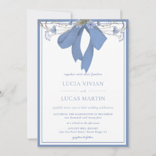 Elegant Blue Floral Bow Wedding Invitation