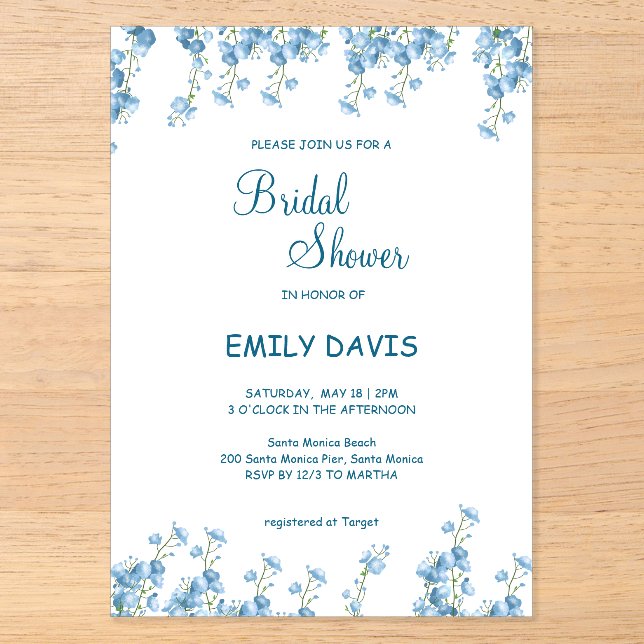 Elégant Blue Floral Bridal Shower Invitation (Recto)