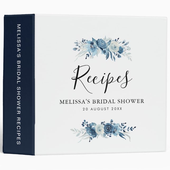 elegant blue floral bridal shower recipe book binder (Front/Spine)