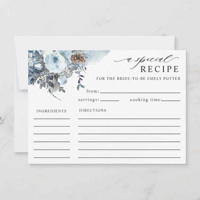Elegant Blue Floral Bridal Shower Recipe Card (Front)