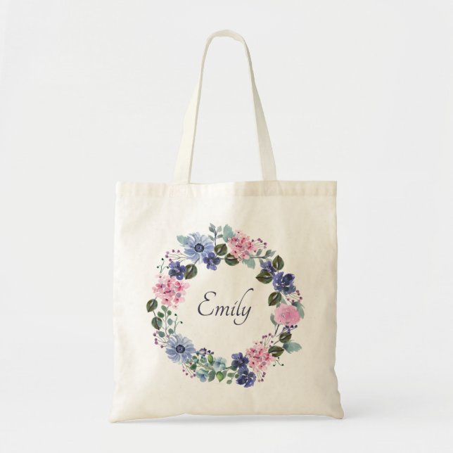 Elegant Blue Floral Bridesmaid Monogram Name  Tote Bag (Front)