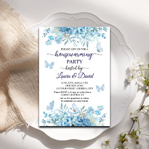 Elegant Blue Floral Butterflies Housewarming Party Invitation