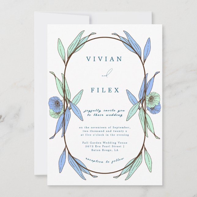 Elegant Blue Floral Capsul Wedding Invitation (Front)