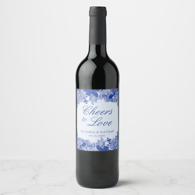 Elegant Blue Floral Chinoiserie Chic Wedding Wine Label (Front)