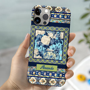 Elegant Blue Floral Chinoiserie Monogram iPhone 15 Case