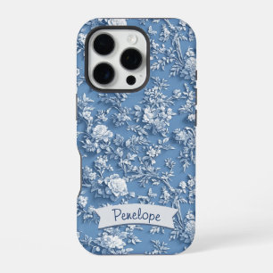 Elegant blue floral chinoiserie monogram iPhone 16 pro case