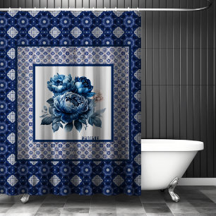 Elegant Blue Floral Chinoiserie Toile Monogram