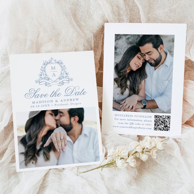 Elegant Blue Floral Crest Monogram Photo Wedding Save The Date (Creator Uploaded)