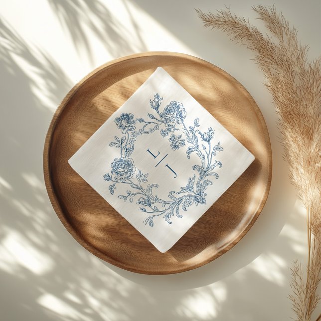 Elegant Blue Floral Crest Monogram Wedding Napkin (Creator Uploaded)