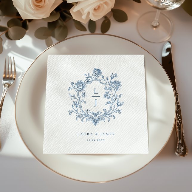 Elegant Blue Floral Crest Monogram Wedding Napkin (Creator Uploaded)