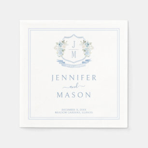 Elegant Blue Floral Crest Monogram Wedding Napkin