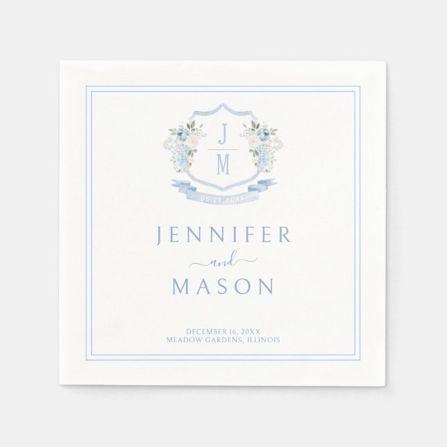 Elegant Blue Floral Crest Monogram Wedding Napkin (Front)
