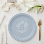 Elegant Blue Floral Crest Monogram Wedding Paper Plate<br><div class="desc">Elegant Blue Floral Crest Monogram Wedding Paper Plate. Elegant blue floral crest monogram wedding Paper Plate featuring a delicate vintage botanical wreath surrounding a customizable monogram. Perfect for cocktail hour, wedding receptions, engagement parties, rehearsal dinners, and bridal showers. This timeless blue and white design brings classic European charm to your...</div>