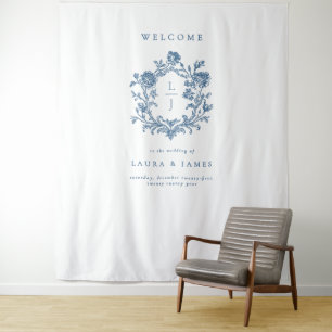 Elegant Blue Floral Crest Monogram Wedding Welcome Tapestry