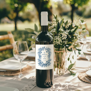 Elegant Blue Floral Crest Monogram Wedding Wine Label