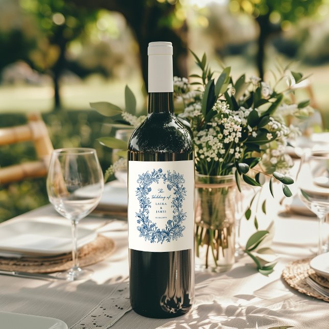 Elegant Blue Floral Crest Monogram Wedding Wine Label (Creator Uploaded)