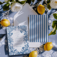 Elegant Blue Floral Crest Striped Back Wedding