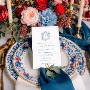 Elegant Blue Floral Crest Striped Back Wedding Invitation