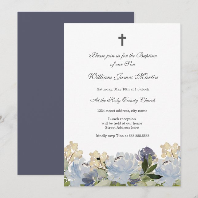 Elegant Blue Floral Cross Baptism Invitation (Front/Back)