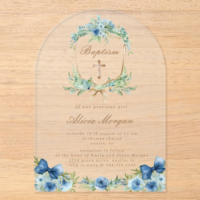 Elegant Blue Floral Cross Baptism Invitation (Front)