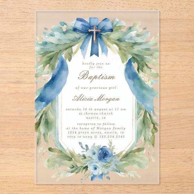 Elegant Blue Floral Cross Baptism Invitation (Front)