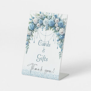 Elegant Blue Floral Cross Baptism Pedestal Sign