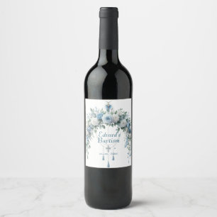 Elegant Blue Floral Cross Baptism Wine Label