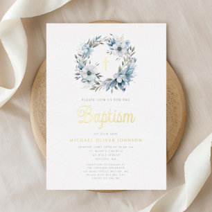 Elegant Blue Floral Cross Boy Baptism 