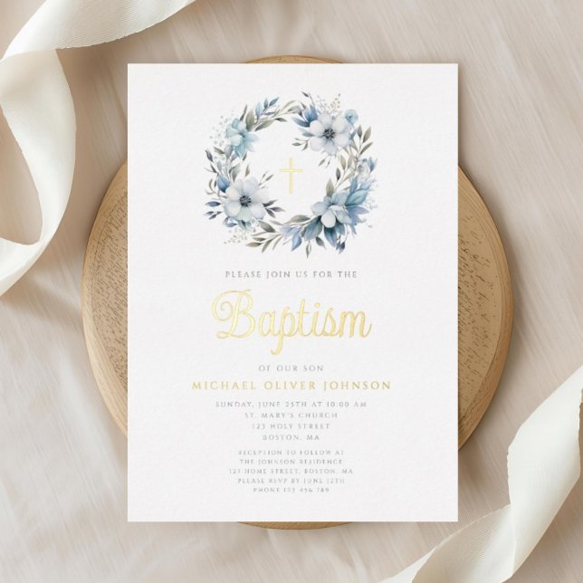 Elegant Blue Floral Cross Boy Baptism  (Elegant Blue Floral Cross Boy Baptism Foil Invitation)