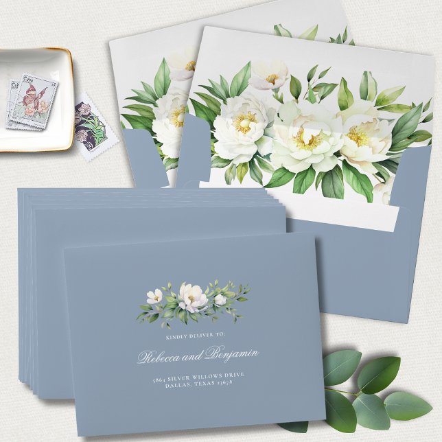 Elegant Blue Floral Custom Address Wedding RSVP  Envelope (Creator Uploaded)