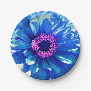 Elegant blue floral daisy zinnia dahlia paper plate