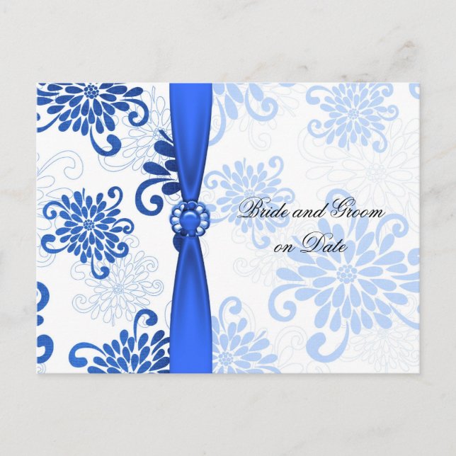 Elegant Blue Floral Damask Ribbon Save date card (Front)