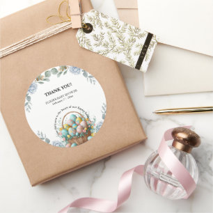 Elegant Blue Floral Easter Egg Basket Baby Shower Classic Round Sticker