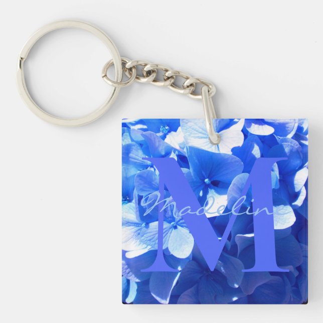 Elegant blue floral elegant blue hydrangeas  keychain (Front)