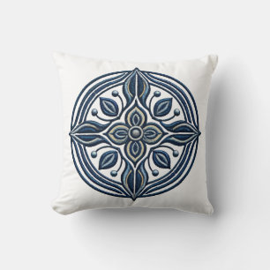 Elegant Blue Floral Embroidery Design Throw Pillow
