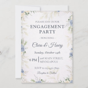 Elegant Blue Floral Engagement Party Invitation