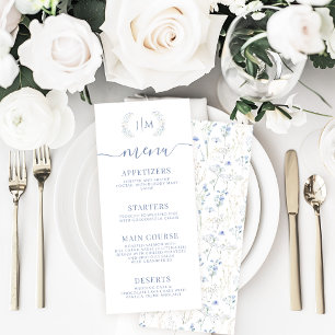 Elegant Blue Floral Fall Winter Wedding Menu Cards